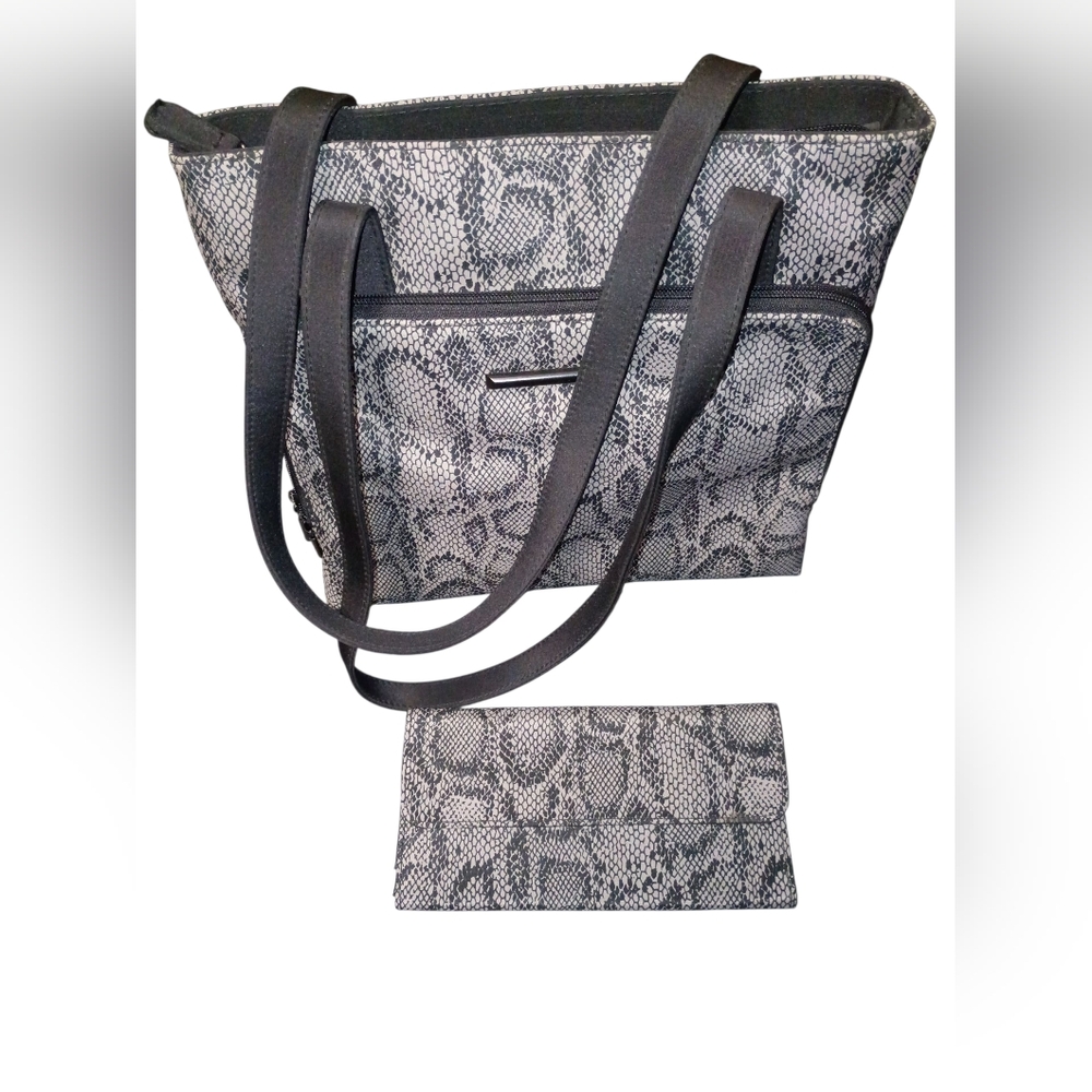 Worthington Purse Set Stylish Black and Gray Snake Print Tote Bag with Wallet
